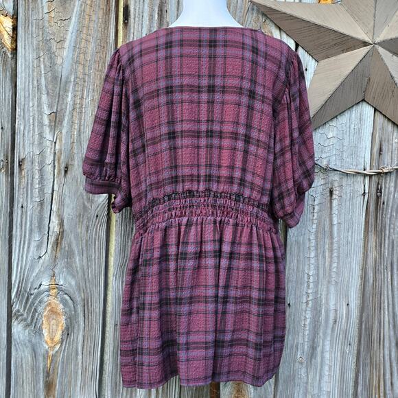 Plaid Babydoll Top Torrid Plus Size 2X Smocked Puff Sleeve Button Stretch Gauze - Picture 3 of 9